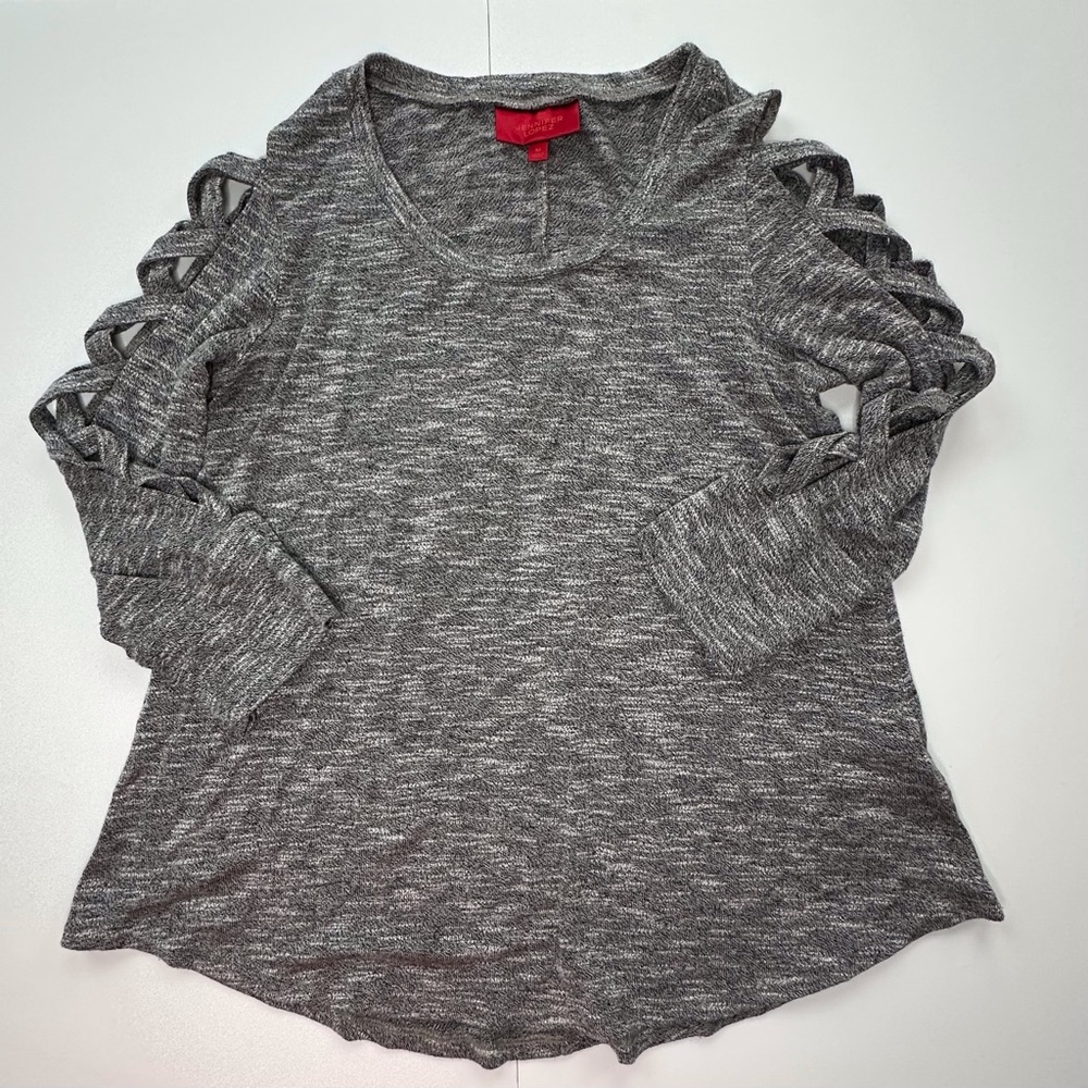 Jennifer Lopez gray pullover sweater criss cross‎ cut-out sleeves women’s medium